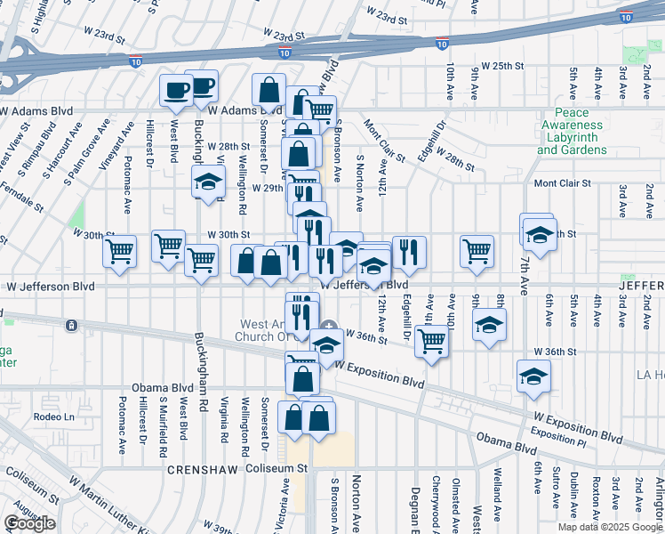map of restaurants, bars, coffee shops, grocery stores, and more near 3423 West Jefferson Boulevard in Los Angeles