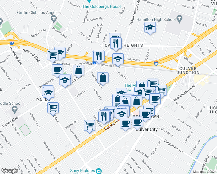 map of restaurants, bars, coffee shops, grocery stores, and more near 3642 Clarington Avenue in Los Angeles