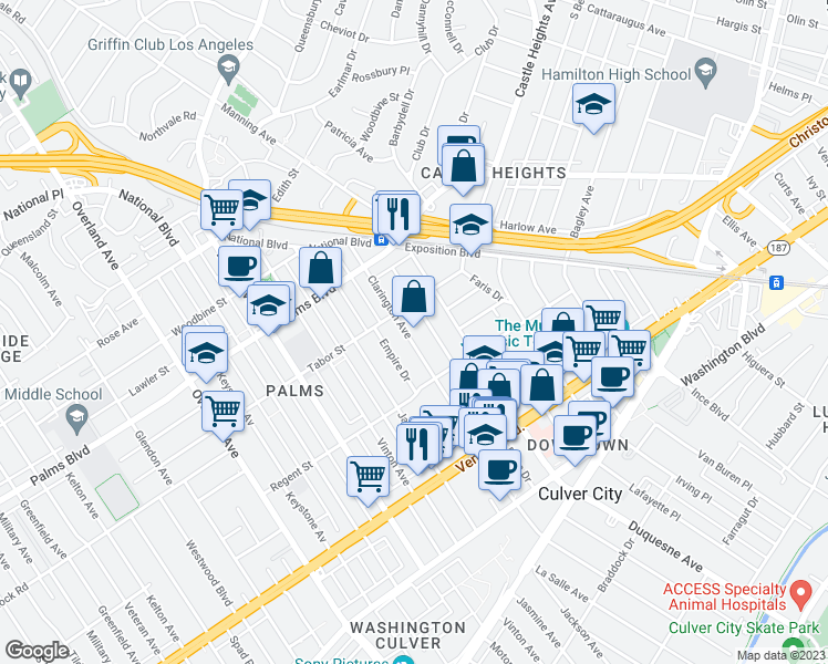 map of restaurants, bars, coffee shops, grocery stores, and more near 3642 Clarington Avenue in Los Angeles