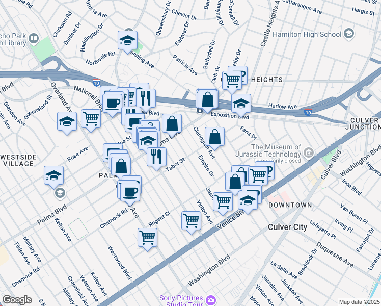 map of restaurants, bars, coffee shops, grocery stores, and more near 10203 Tabor Street in Los Angeles