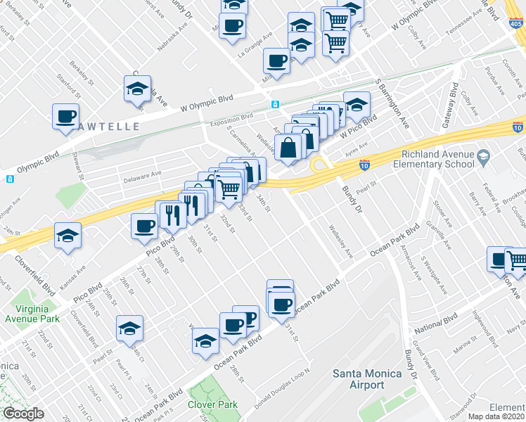 map of restaurants, bars, coffee shops, grocery stores, and more near 2410 34th Street in Santa Monica