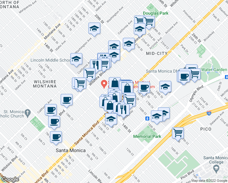 map of restaurants, bars, coffee shops, grocery stores, and more near 1328 15th Court in Santa Monica