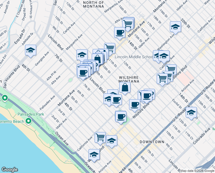 map of restaurants, bars, coffee shops, grocery stores, and more near 917 Lincoln Boulevard in Santa Monica