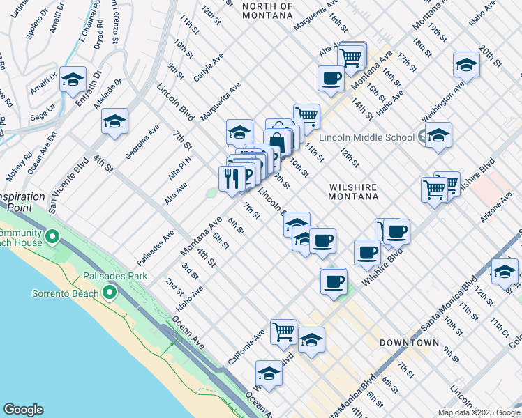 map of restaurants, bars, coffee shops, grocery stores, and more near in Santa Monica