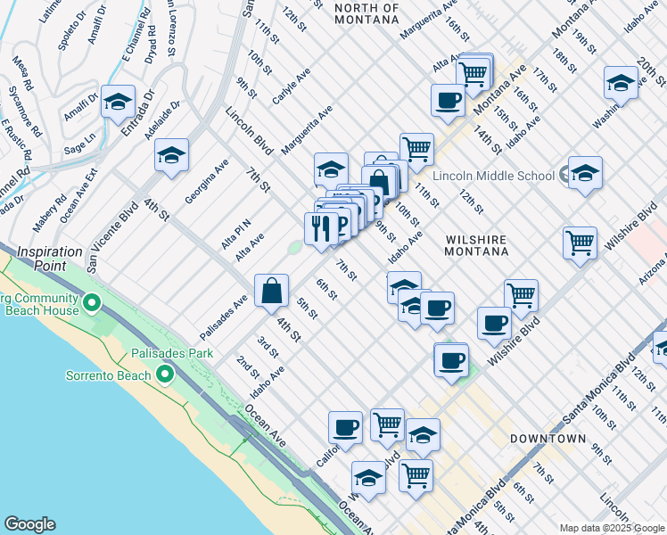 map of restaurants, bars, coffee shops, grocery stores, and more near 822 7th Street in Santa Monica