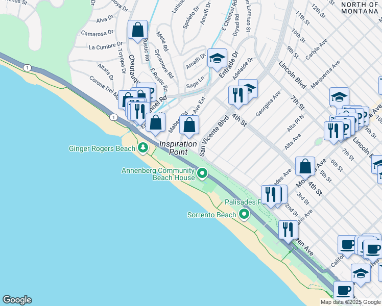 map of restaurants, bars, coffee shops, grocery stores, and more near 237 Palisades Beach Road in Santa Monica