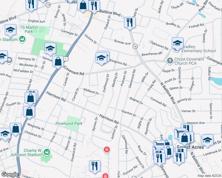 map of restaurants, bars, coffee shops, grocery stores, and more near 2607 Marling Drive in Columbia