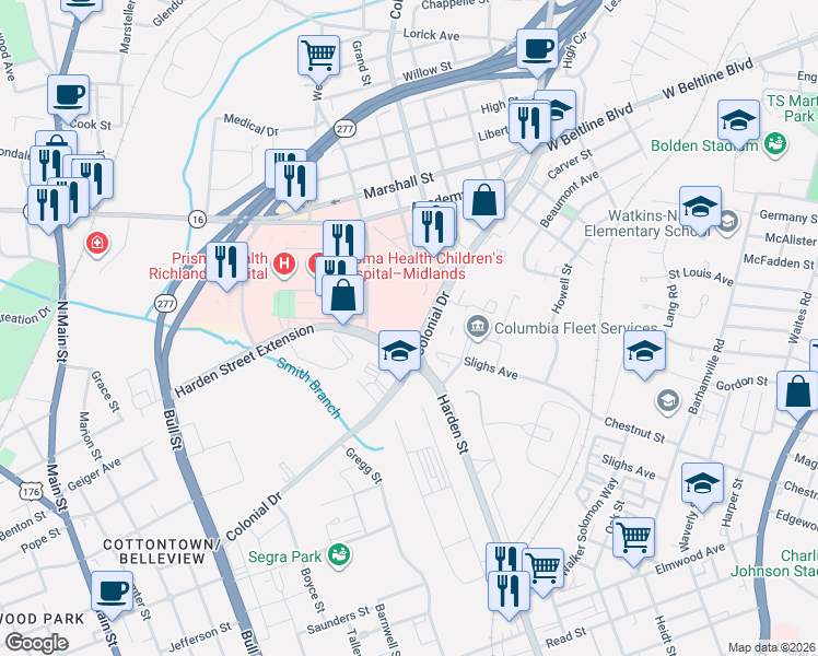 map of restaurants, bars, coffee shops, grocery stores, and more near 2901 Colonial Drive in Columbia