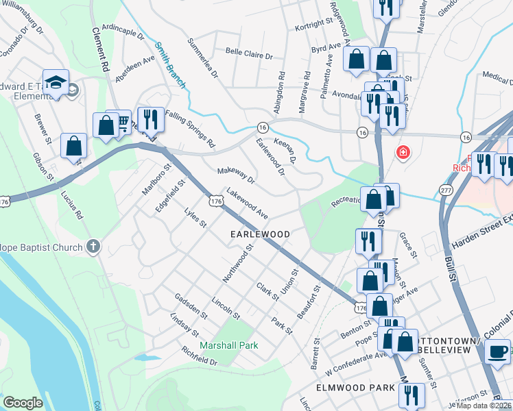 map of restaurants, bars, coffee shops, grocery stores, and more near 3102 Lakewood Avenue in Columbia
