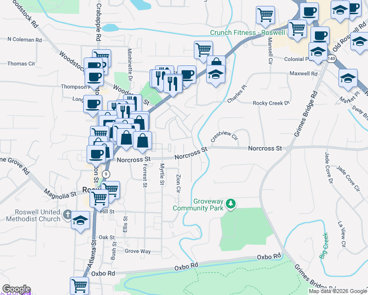 map of restaurants, bars, coffee shops, grocery stores, and more near 101 Roswell Landings Drive in Roswell