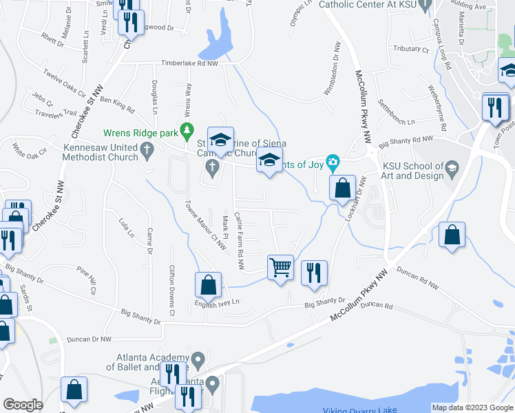 map of restaurants, bars, coffee shops, grocery stores, and more near 1652 Carrie Farm Lane Northwest in Kennesaw