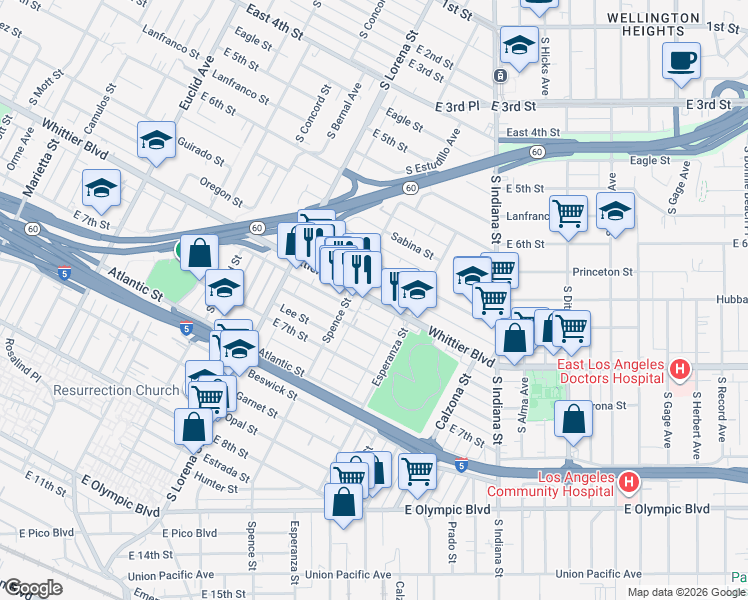map of restaurants, bars, coffee shops, grocery stores, and more near 3525 Whittier Boulevard in Los Angeles