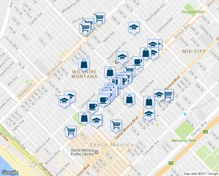 map of restaurants, bars, coffee shops, grocery stores, and more near 1123 12th Street in Santa Monica