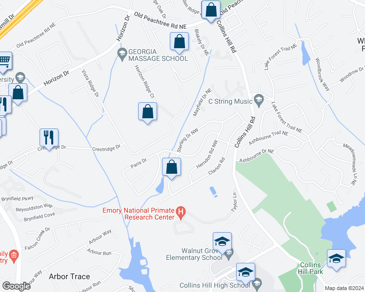 map of restaurants, bars, coffee shops, grocery stores, and more near 2679 Sterling Drive Northwest in Lawrenceville