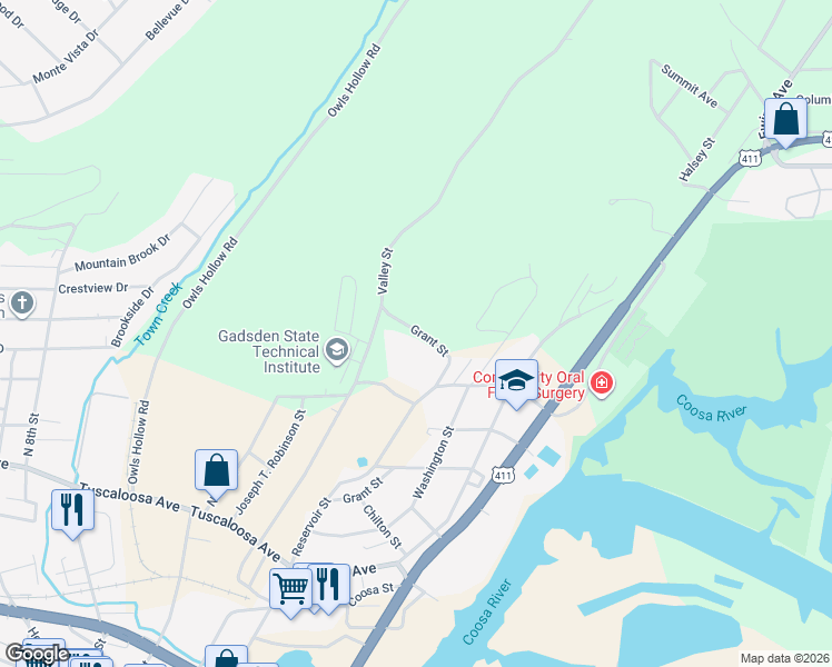 map of restaurants, bars, coffee shops, grocery stores, and more near 702 Grant Street in Gadsden