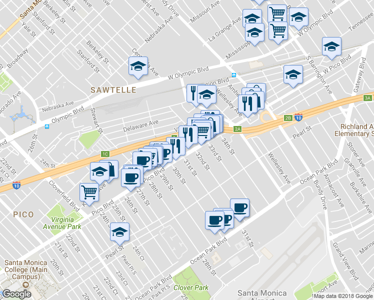 map of restaurants, bars, coffee shops, grocery stores, and more near 3115 Pico Blvd in Santa Monica