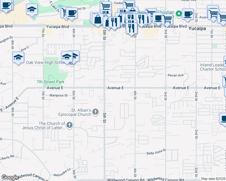 map of restaurants, bars, coffee shops, grocery stores, and more near 34357 Avenue E in Yucaipa