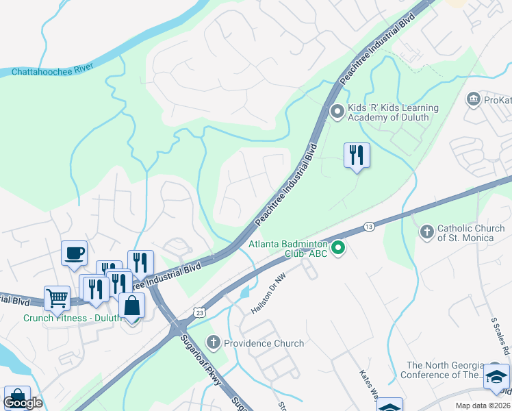 map of restaurants, bars, coffee shops, grocery stores, and more near 3720 Peachbluff Court in Duluth