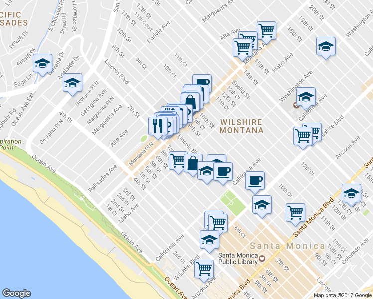 map of restaurants, bars, coffee shops, grocery stores, and more near in Santa Monica