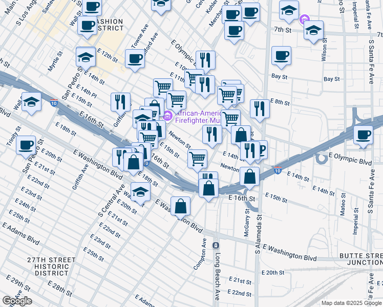 map of restaurants, bars, coffee shops, grocery stores, and more near 1400 Newton Street in Los Angeles