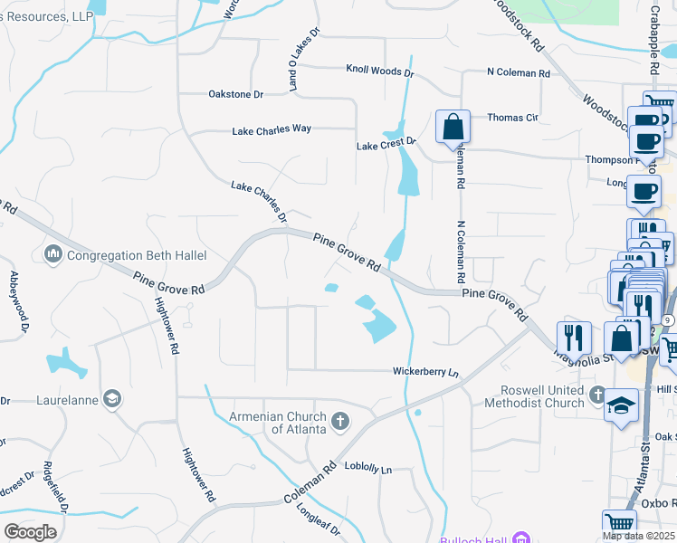 map of restaurants, bars, coffee shops, grocery stores, and more near 115 Lynwood Drive in Roswell