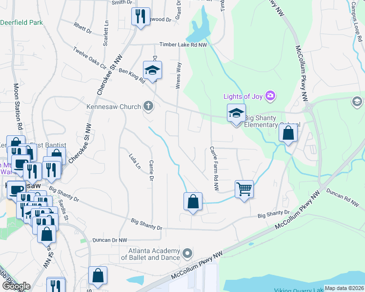 map of restaurants, bars, coffee shops, grocery stores, and more near 1030 Towne Manor Court Northwest in Kennesaw
