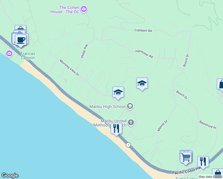 map of restaurants, bars, coffee shops, grocery stores, and more near 30311 Morning View Drive in Malibu