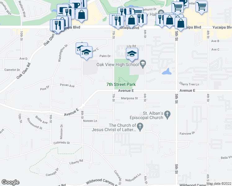 map of restaurants, bars, coffee shops, grocery stores, and more near 12515 7th Street in Yucaipa