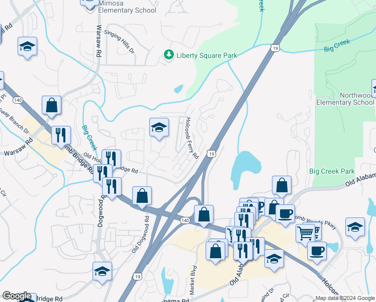 map of restaurants, bars, coffee shops, grocery stores, and more near 103 Old Ferry Way in Roswell