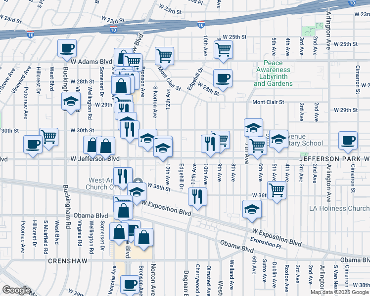 map of restaurants, bars, coffee shops, grocery stores, and more near 3203A West Jefferson Boulevard in Los Angeles
