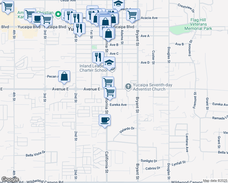 map of restaurants, bars, coffee shops, grocery stores, and more near 35145 Avenue E in Yucaipa