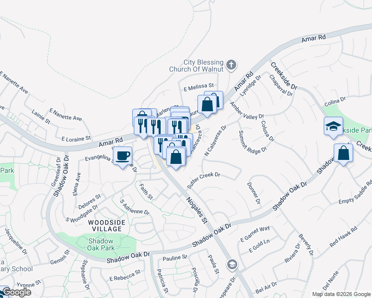 map of restaurants, bars, coffee shops, grocery stores, and more near 795 Francesca Drive in Walnut