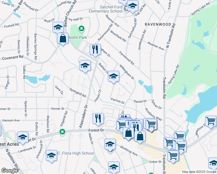 map of restaurants, bars, coffee shops, grocery stores, and more near 2245 Montclair Drive in Columbia