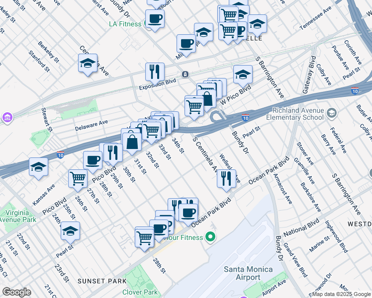 map of restaurants, bars, coffee shops, grocery stores, and more near in Santa Monica