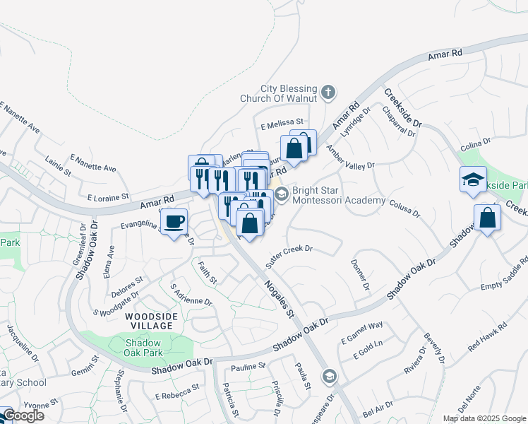 map of restaurants, bars, coffee shops, grocery stores, and more near 795 Francesca Drive in Walnut
