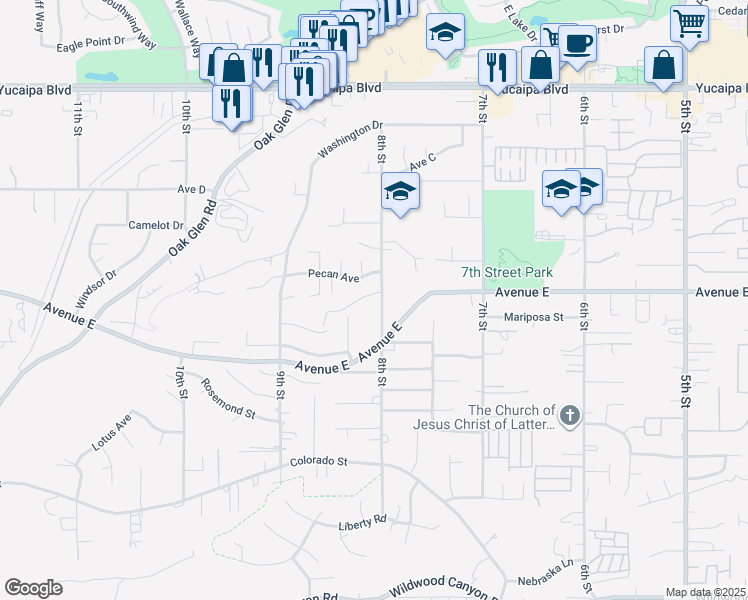 map of restaurants, bars, coffee shops, grocery stores, and more near 12510 8th Street in Yucaipa
