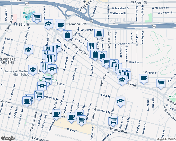 map of restaurants, bars, coffee shops, grocery stores, and more near 454 Hoefner Avenue in East Los Angeles