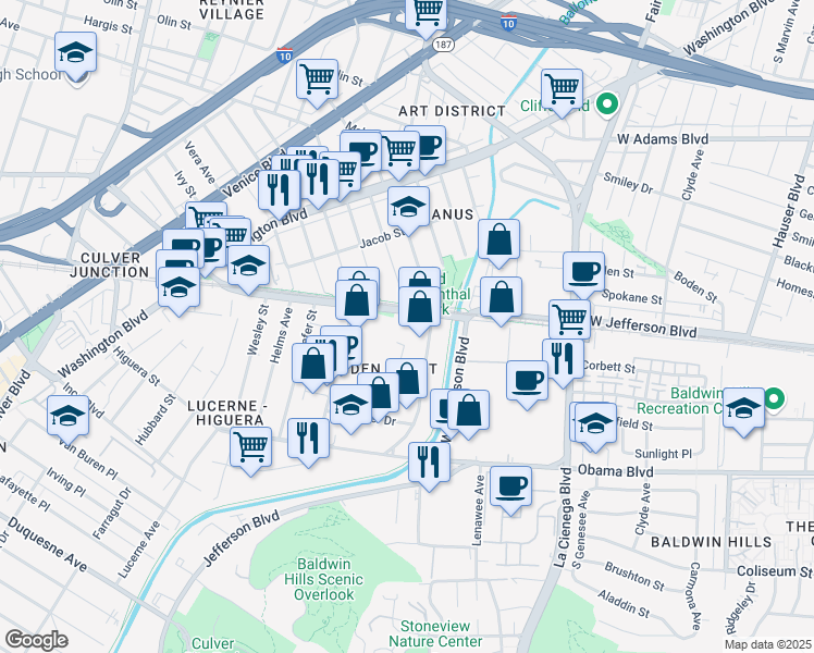 map of restaurants, bars, coffee shops, grocery stores, and more near 8512 National Boulevard in Culver City