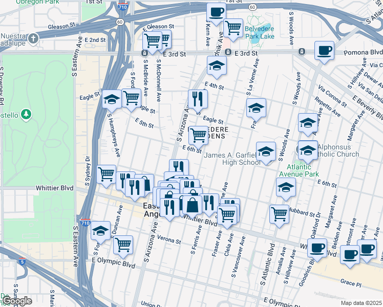 map of restaurants, bars, coffee shops, grocery stores, and more near 606 South Kern Avenue in East Los Angeles