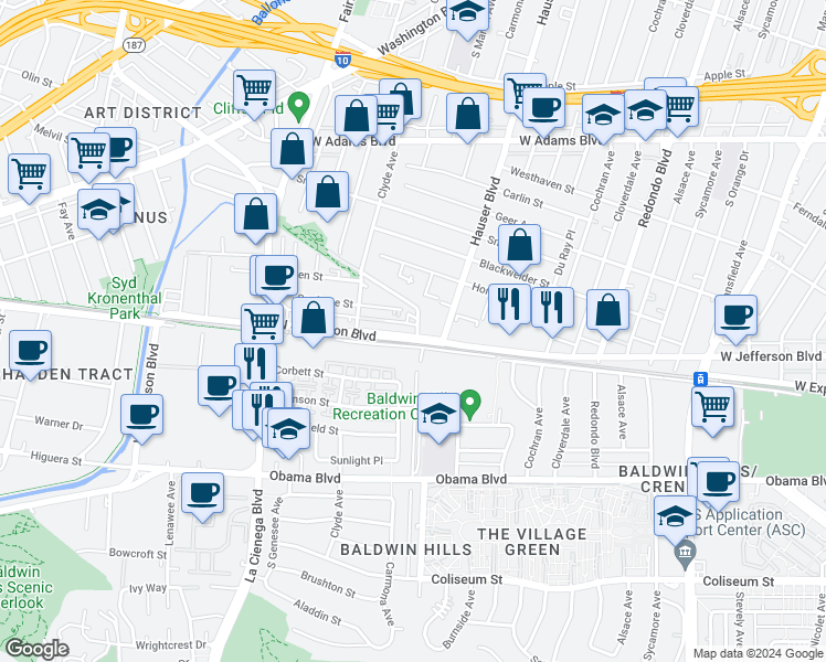 map of restaurants, bars, coffee shops, grocery stores, and more near 3021 Carmona Avenue in Los Angeles