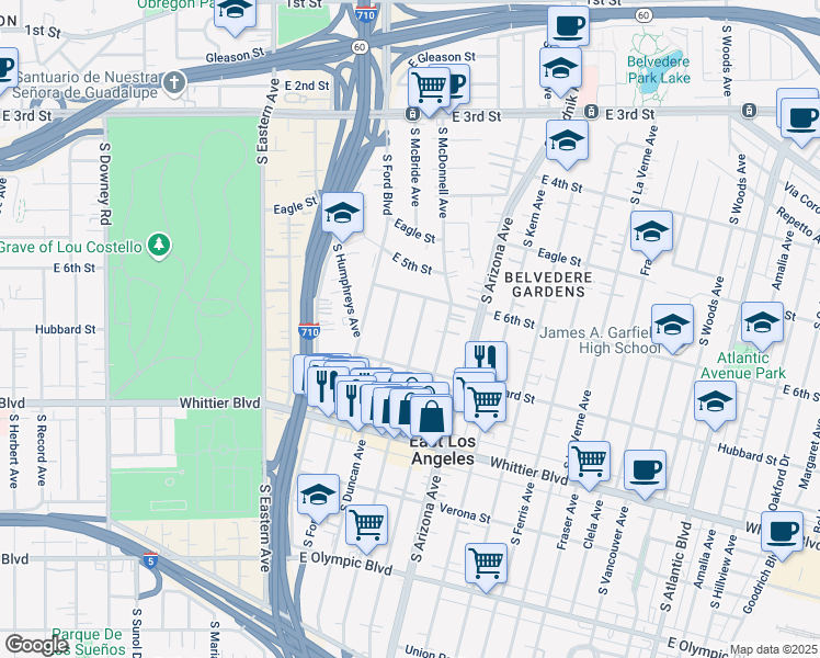 map of restaurants, bars, coffee shops, grocery stores, and more near 657 1/2 South McBride Avenue in East Los Angeles