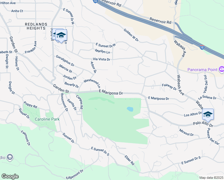 map of restaurants, bars, coffee shops, grocery stores, and more near 507 East Mariposa Drive in Redlands