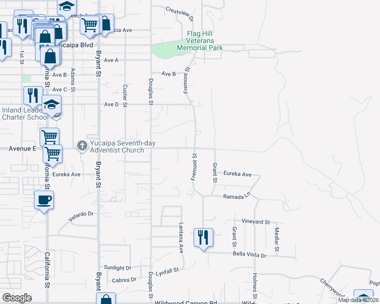 map of restaurants, bars, coffee shops, grocery stores, and more near 35645 Avenue E in Yucaipa