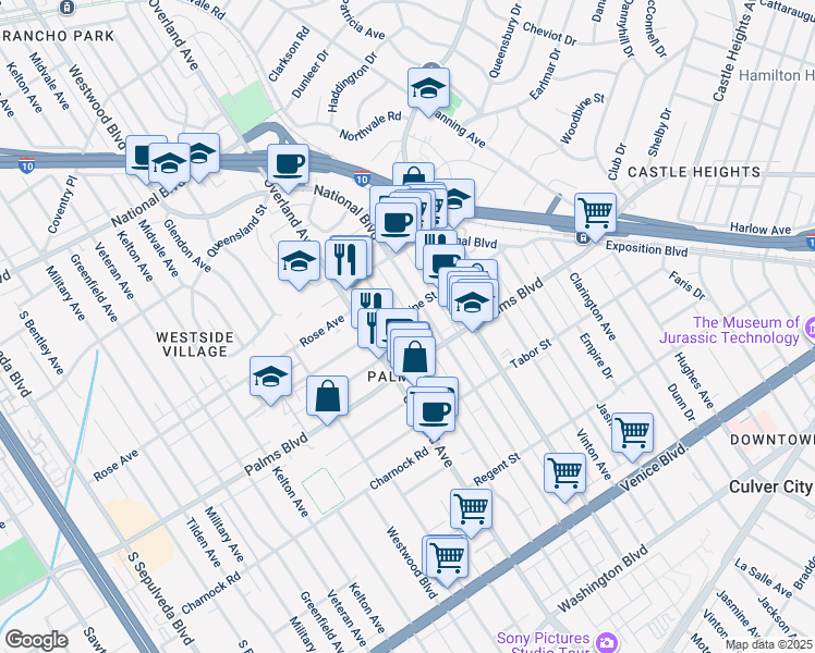 map of restaurants, bars, coffee shops, grocery stores, and more near 3410 Overland Avenue in Los Angeles