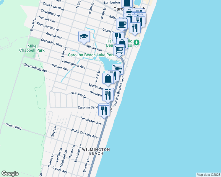 map of restaurants, bars, coffee shops, grocery stores, and more near 2nd Street South in Carolina Beach