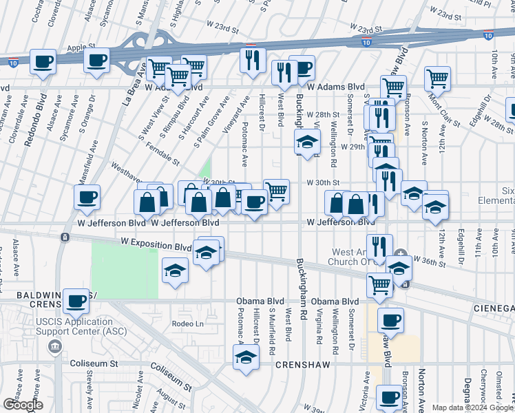 map of restaurants, bars, coffee shops, grocery stores, and more near 3039 Hillcrest Drive in Los Angeles