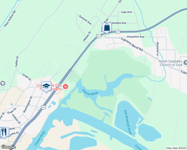 map of restaurants, bars, coffee shops, grocery stores, and more near 950 Riverbend Drive in Gadsden