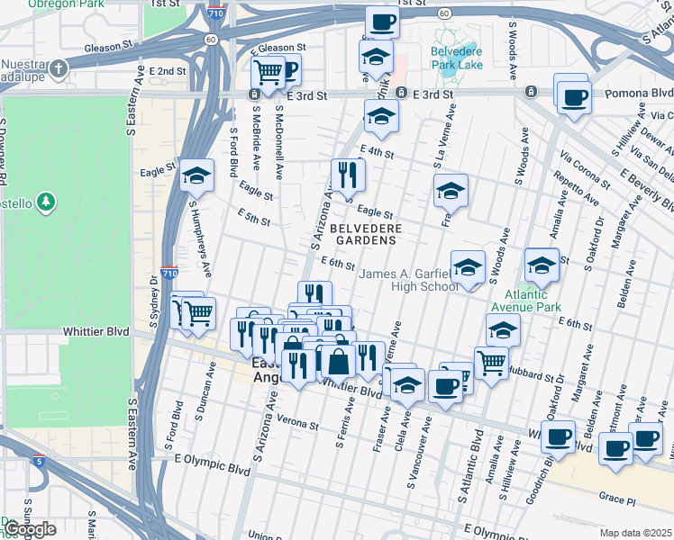 map of restaurants, bars, coffee shops, grocery stores, and more near 606 South Kern Avenue in East Los Angeles