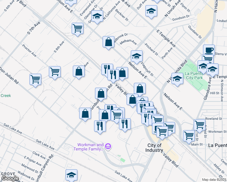 map of restaurants, bars, coffee shops, grocery stores, and more near 15232 Valley Boulevard in City of Industry