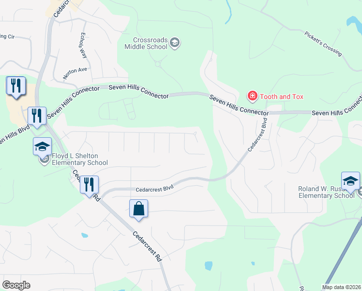 map of restaurants, bars, coffee shops, grocery stores, and more near 62 Ellen Glen Way in Dallas